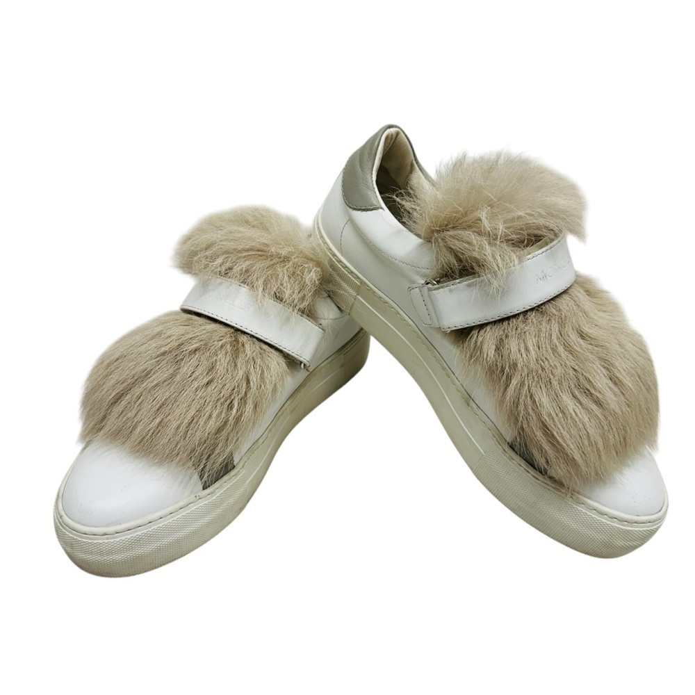Moncler Victoire Sneakers Shoes women’s Size 7 Real Fur Trim Slip-On White - Picture 2 of 15